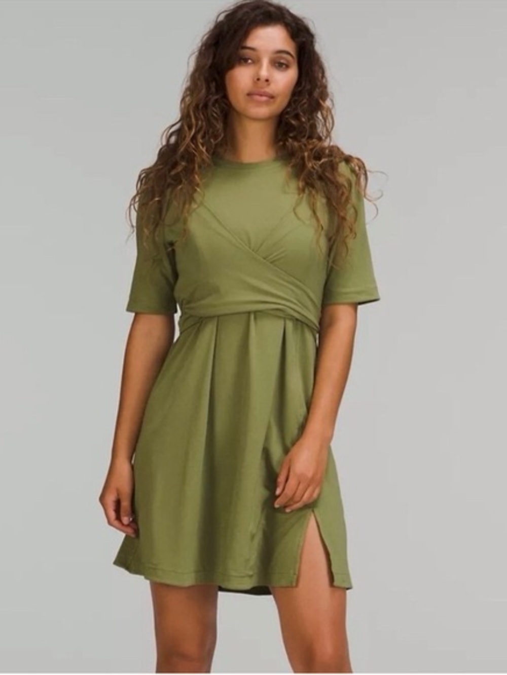 lululemon athletica Olive Green Faux-Wrap Short Sleeve Dress